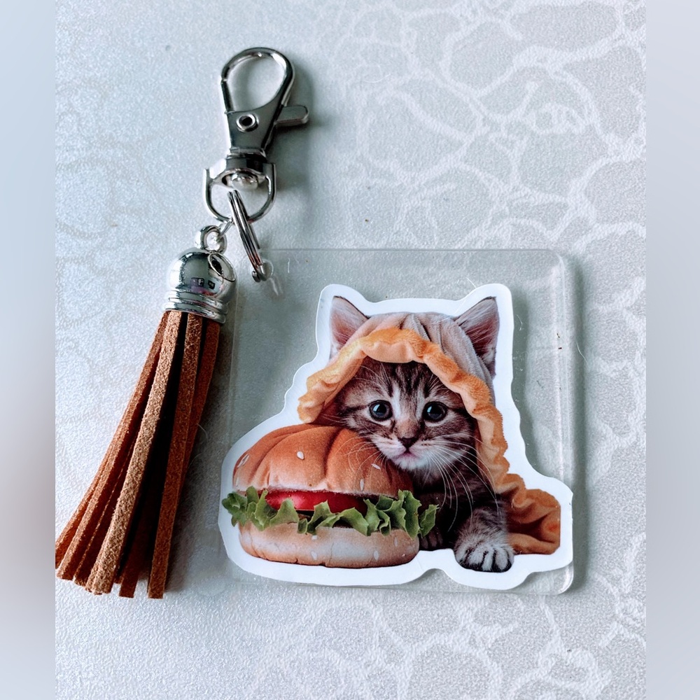 Hand Crafted Cat in Burger Keychain with Brown Tassel